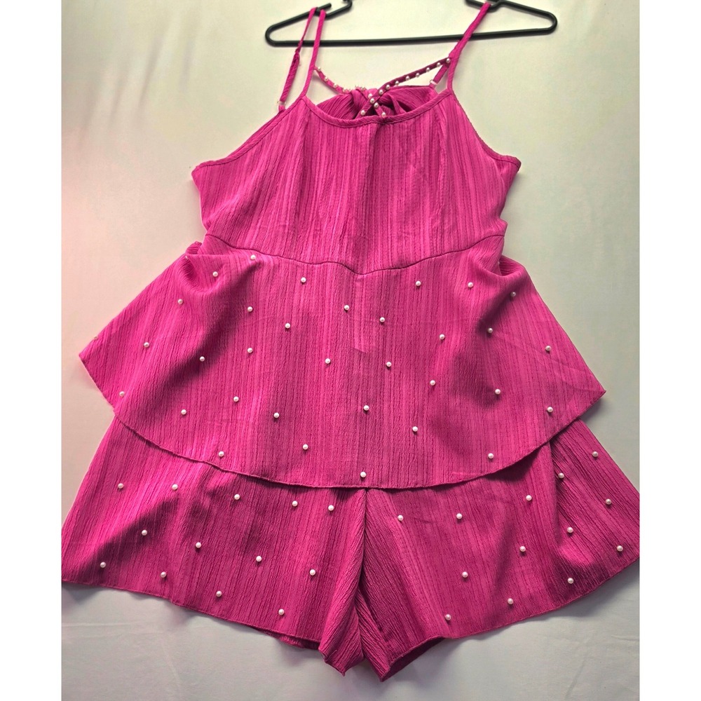Fuchsia Pink Pearl Embellished Tiered Romper Tie Back Ruffle Summer Playsuit